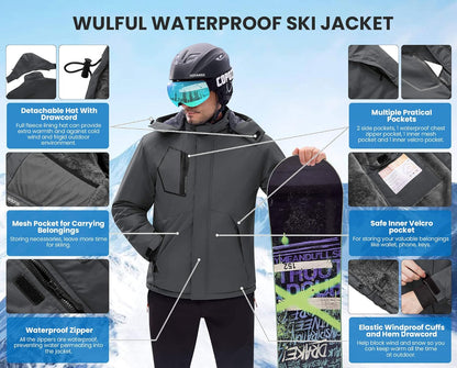 Men'S Waterproof Ski Jacket Warm Winter Coats Windproof Winter Jackets for Men Fleece Lined Windbreaker with Hood